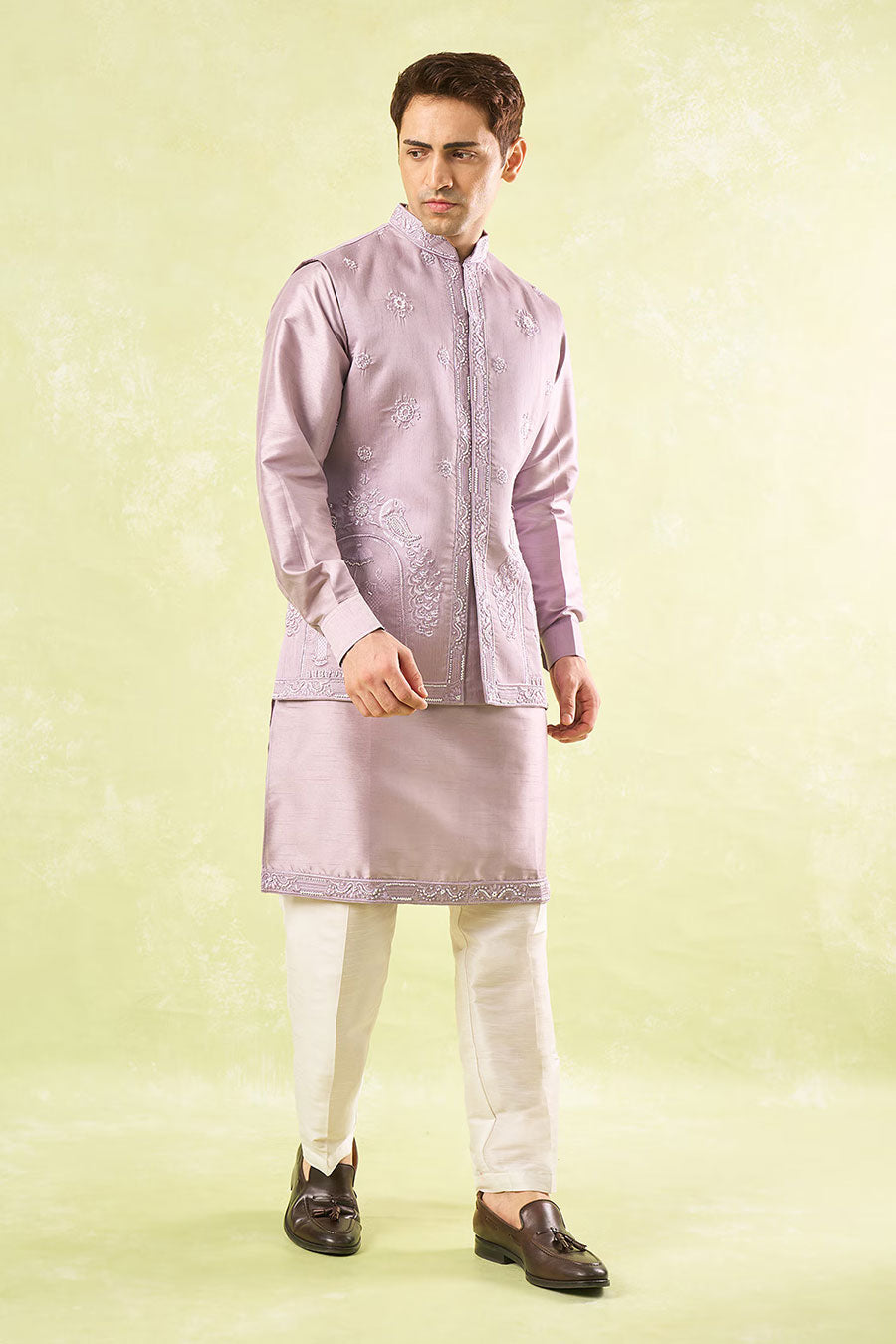Lavender Embroidered Bundi Kurta Set