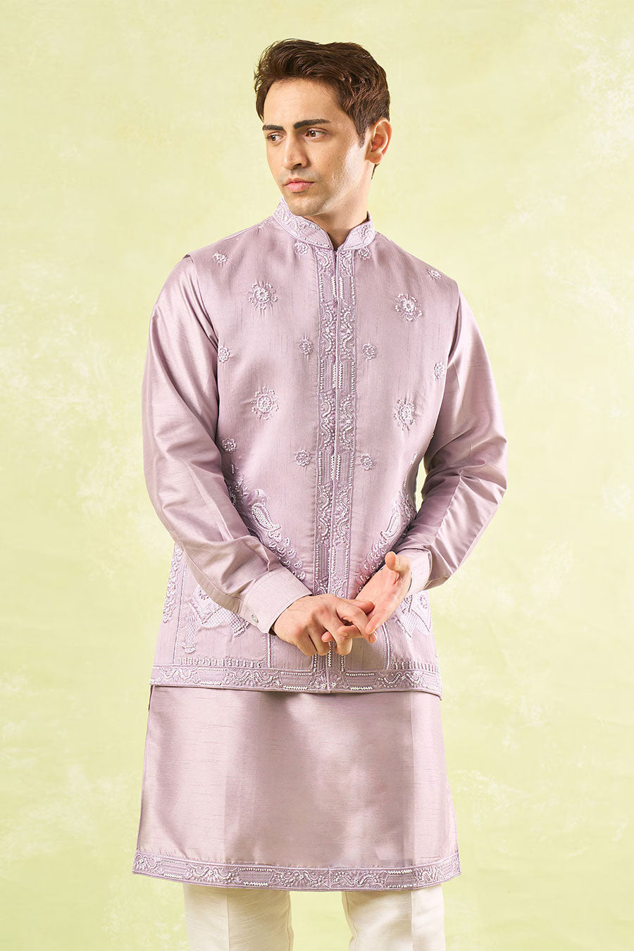 Lavender Embroidered Bundi Kurta Set