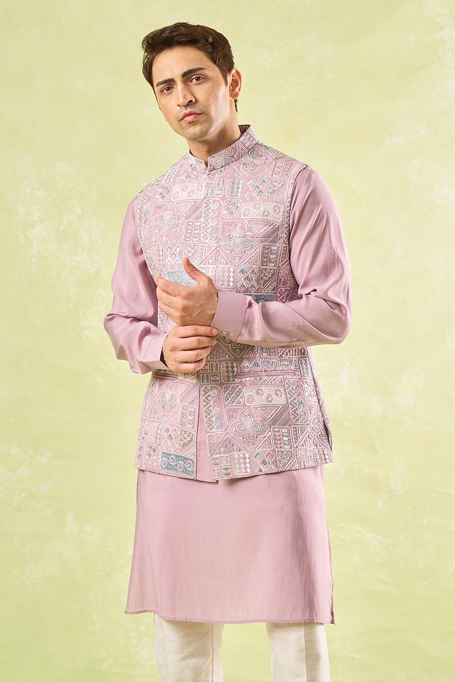 Mauve Embroidered Bundi Kurta Set