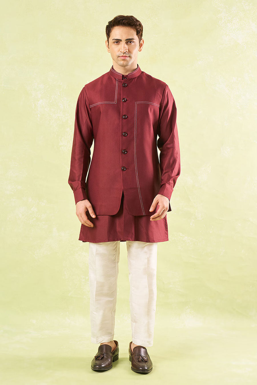 Maroon Running Stitch Bundi Kurta Set