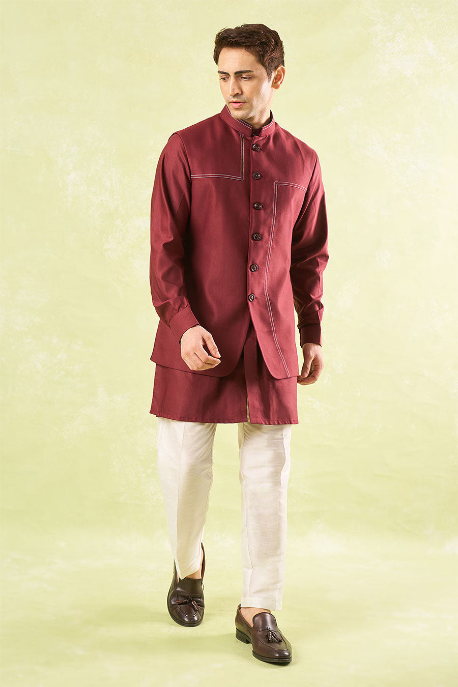 Maroon Running Stitch Bundi Kurta Set