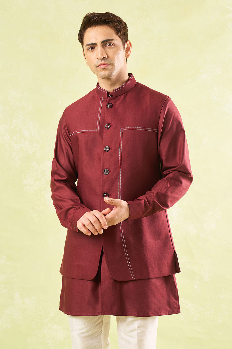 Maroon Running Stitch Bundi Kurta Set