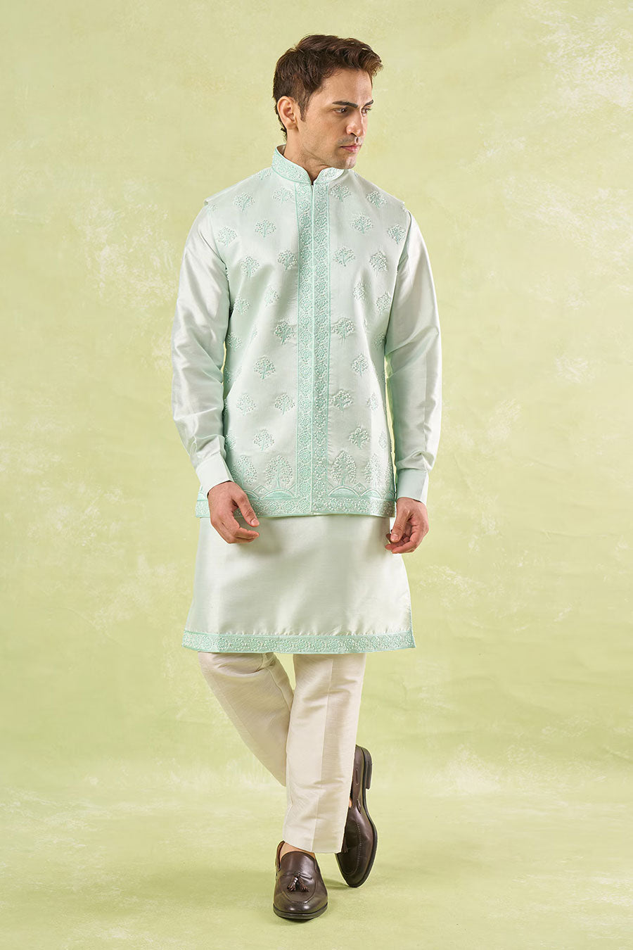 Mint Green Embroidered Bundi Kurta Set
