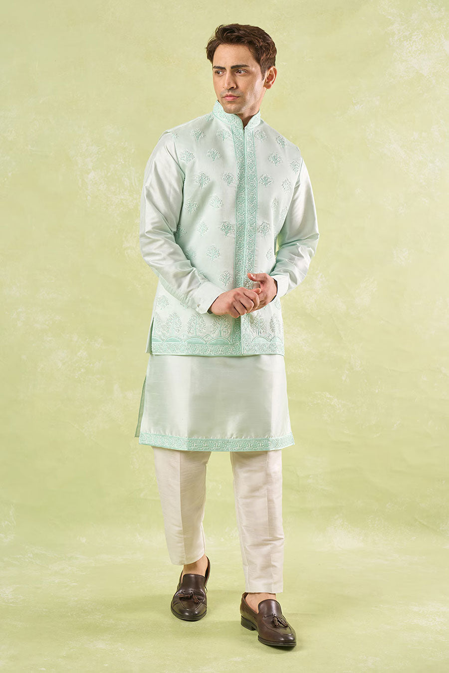 Mint Green Embroidered Bundi Kurta Set