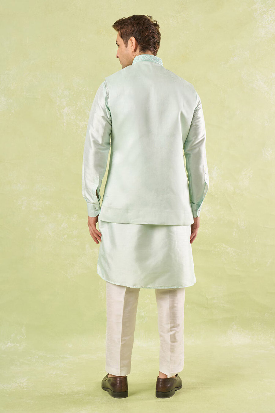 Mint Green Embroidered Bundi Kurta Set