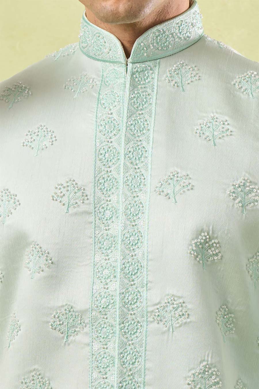 Mint Green Embroidered Bundi Kurta Set