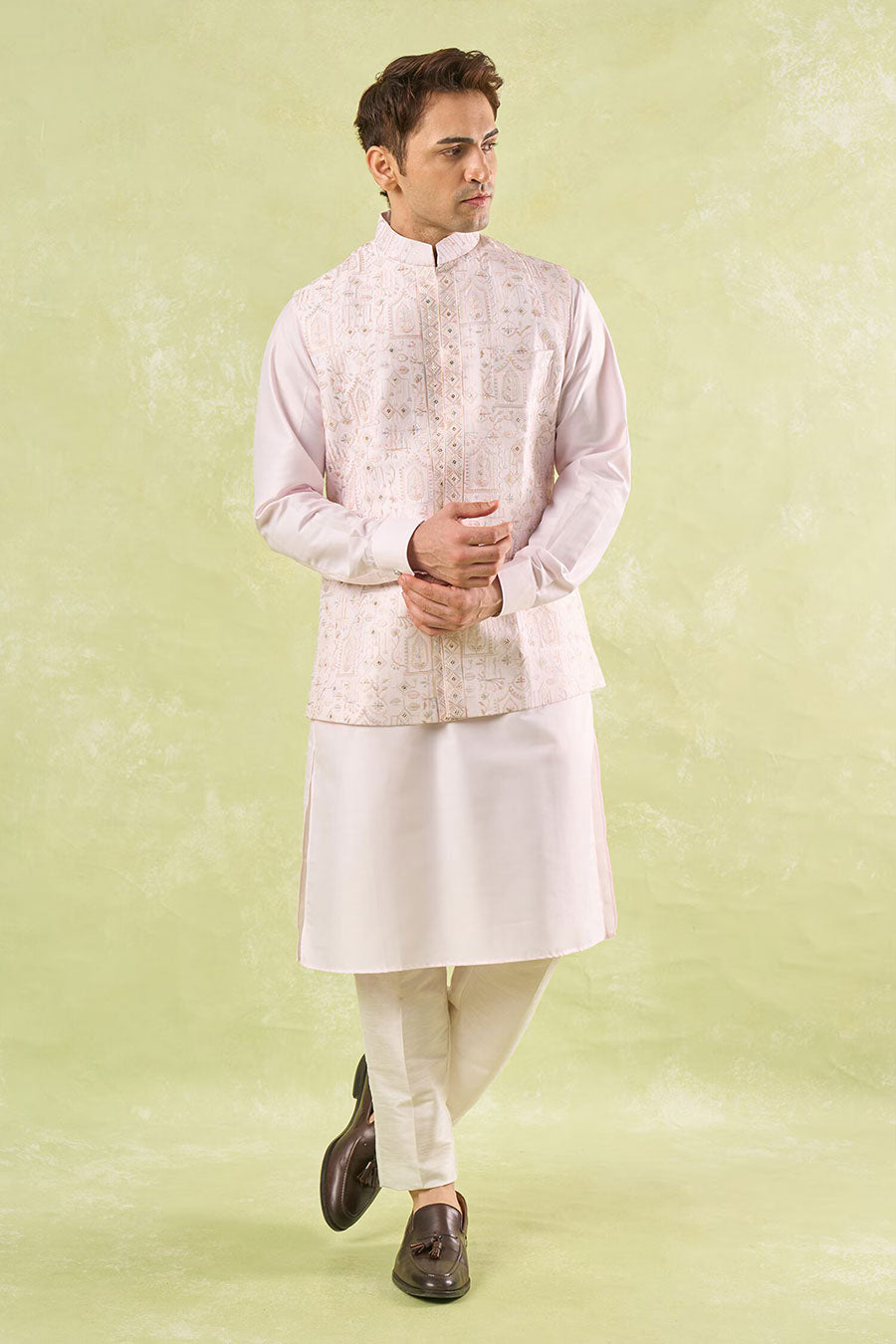 Blush Pink Embroidered Bundi Kurta Set