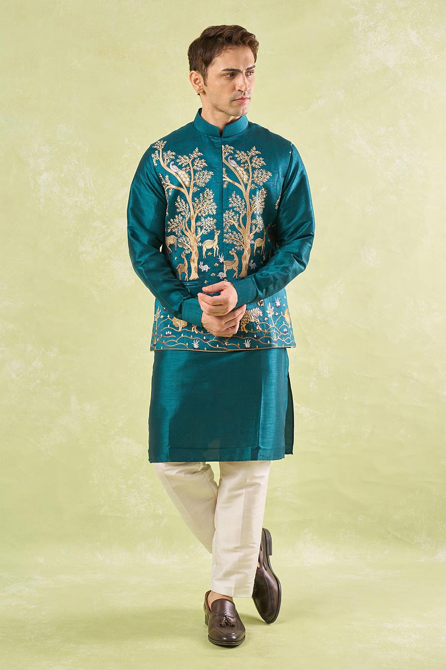 Bottle Green Embroidered Bundi Kurta Set