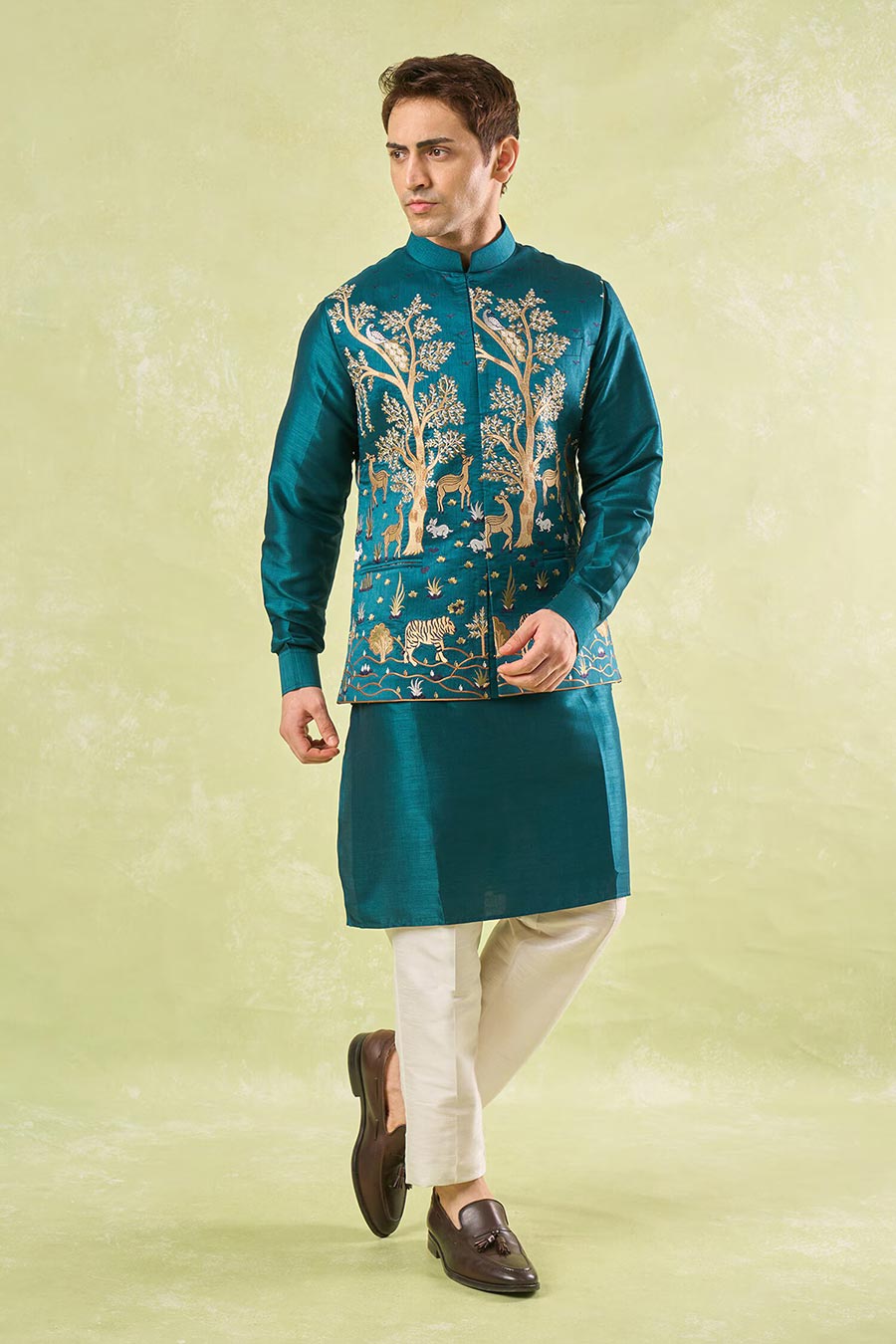 Bottle Green Embroidered Bundi Kurta Set