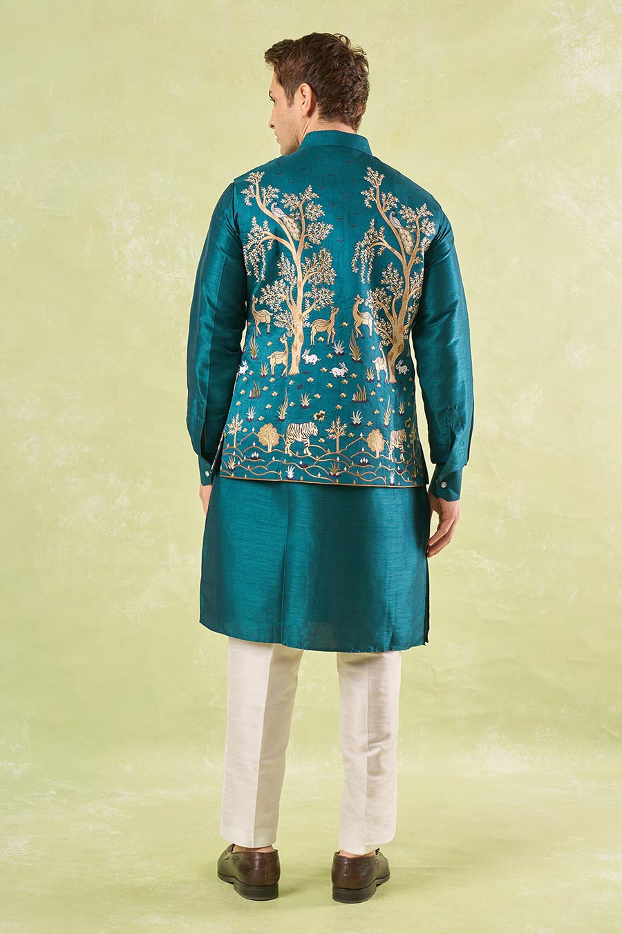 Bottle Green Embroidered Bundi Kurta Set