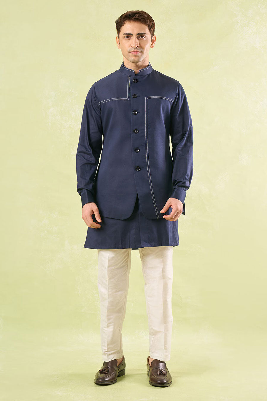 Navy Blue Running Stitch Bundi Kurta Set
