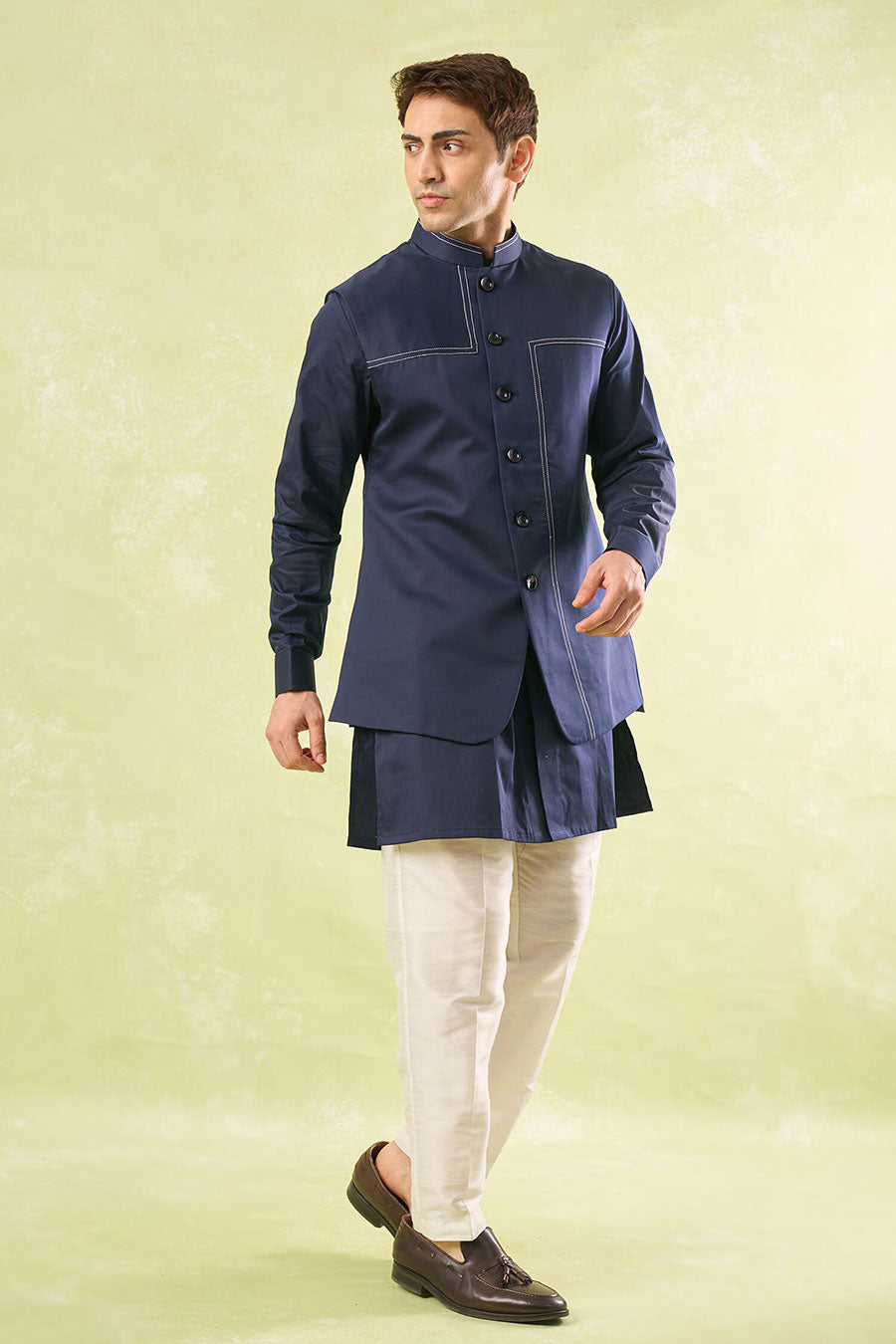 Navy Blue Running Stitch Bundi Kurta Set