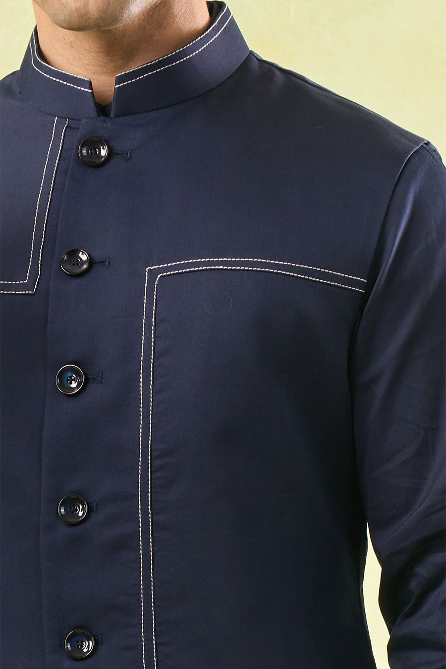 Navy Blue Running Stitch Bundi Kurta Set