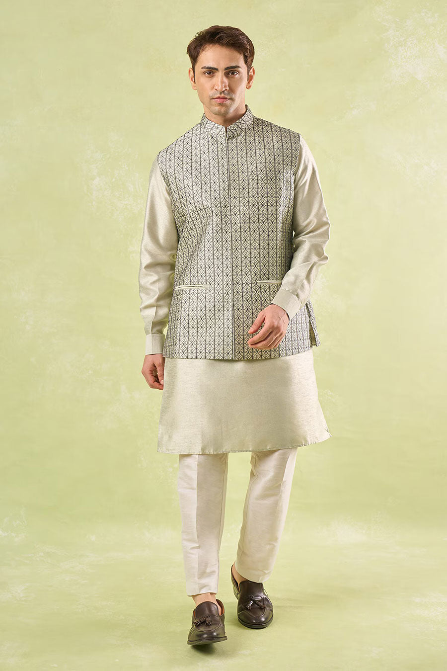 Beige Embroidered Bundi Kurta Set