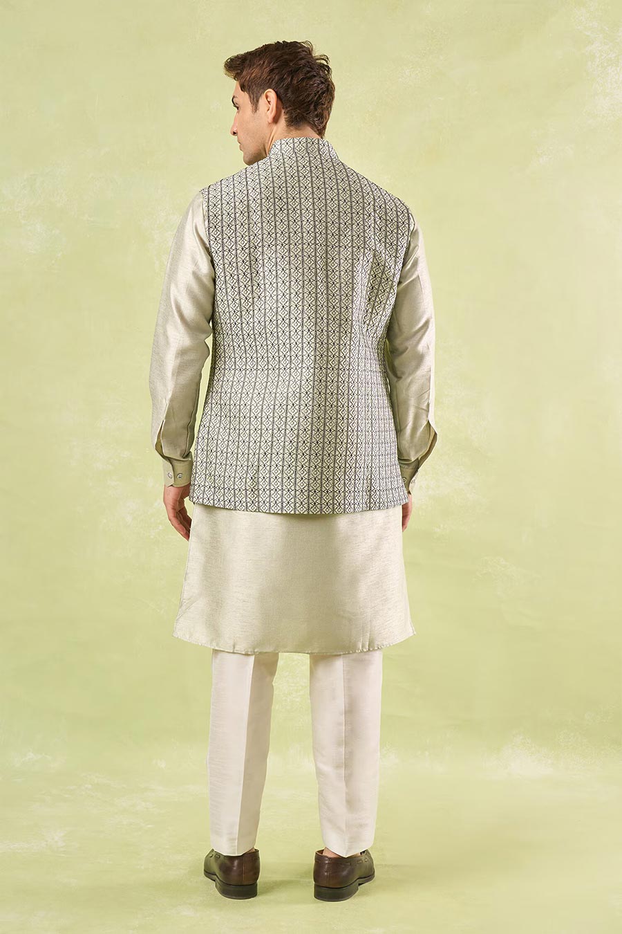 Beige Embroidered Bundi Kurta Set