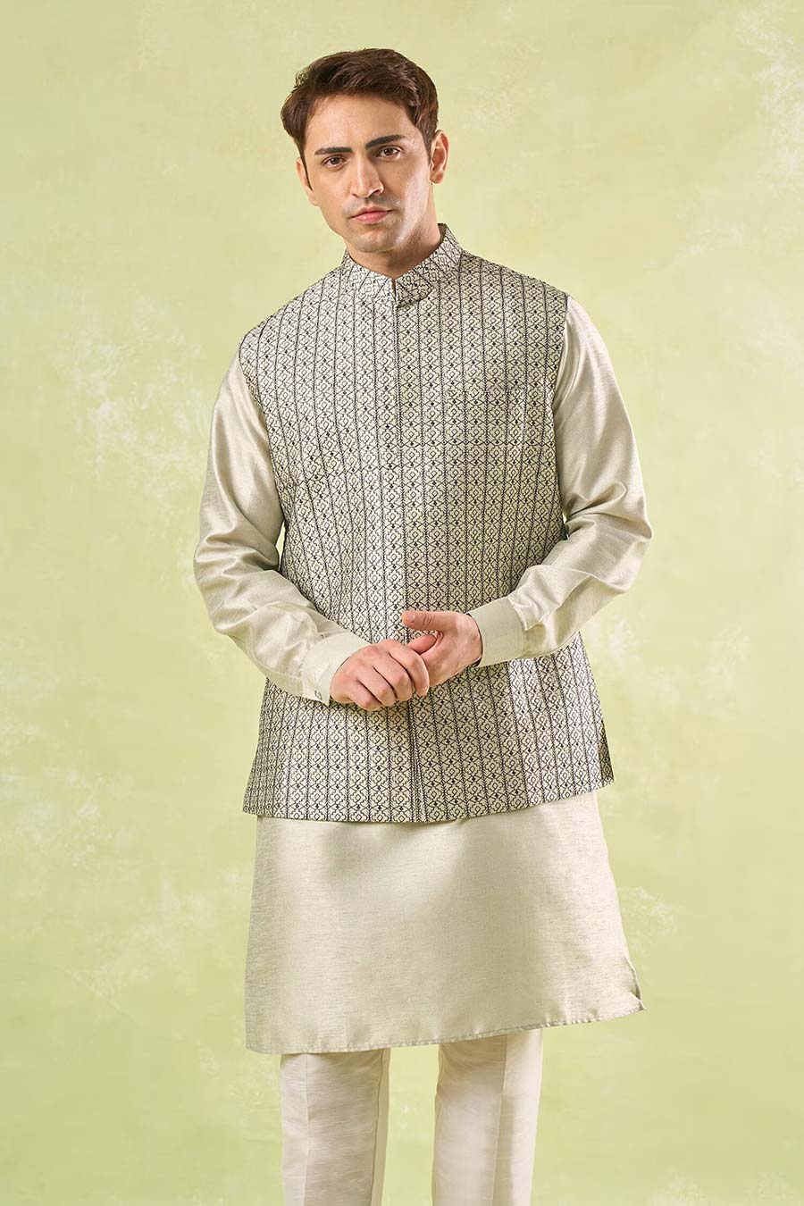 Beige Embroidered Bundi Kurta Set