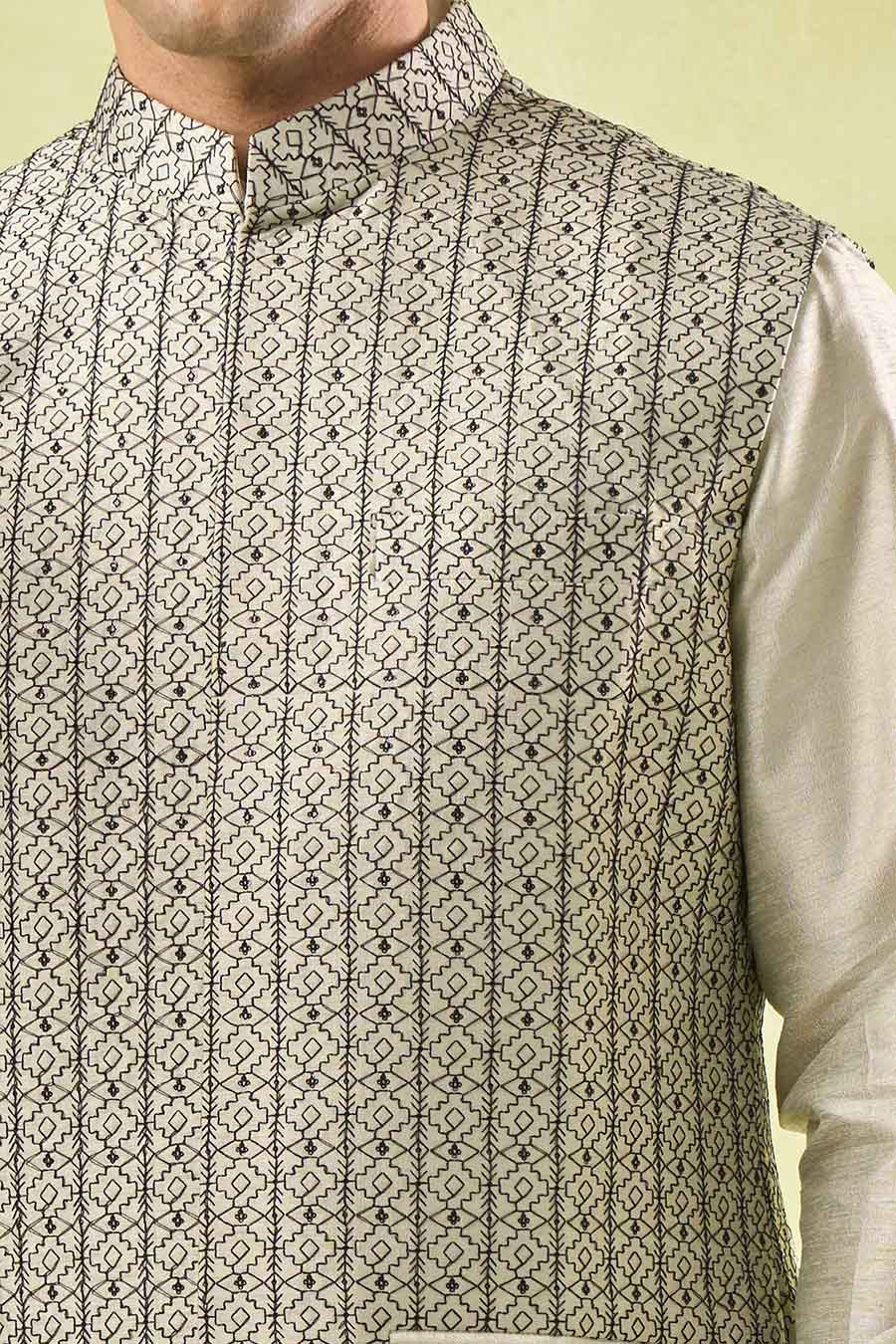 Beige Embroidered Bundi Kurta Set