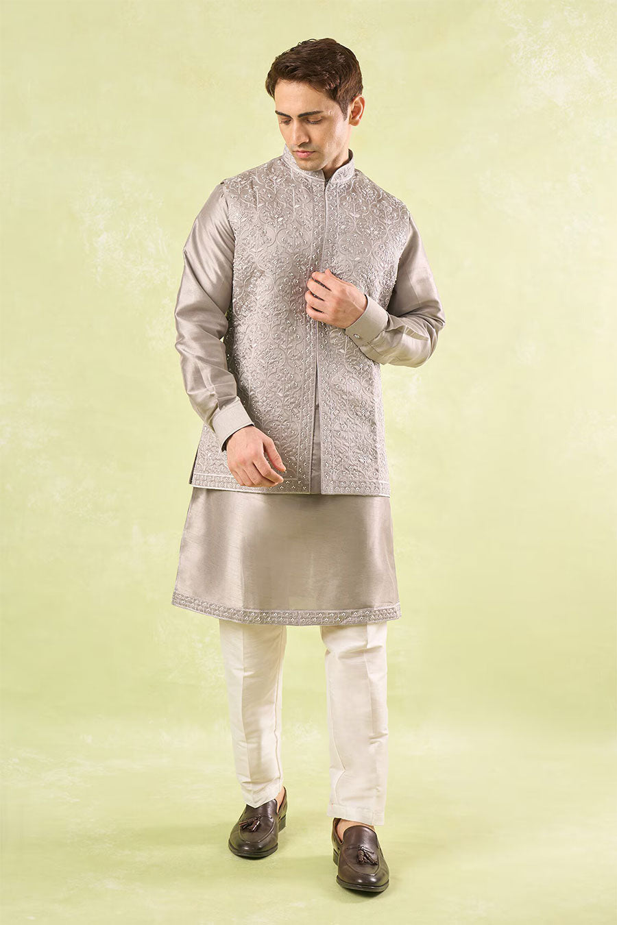 Grey Embroidered Bundi Kurta Set