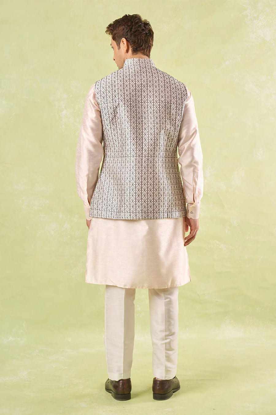 Peach Embroidered Bundi Kurta Set