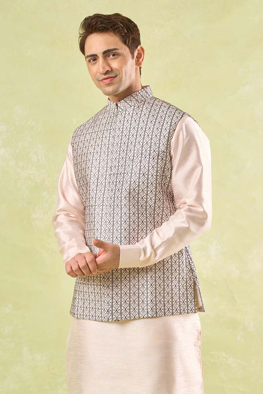 Peach Embroidered Bundi Kurta Set