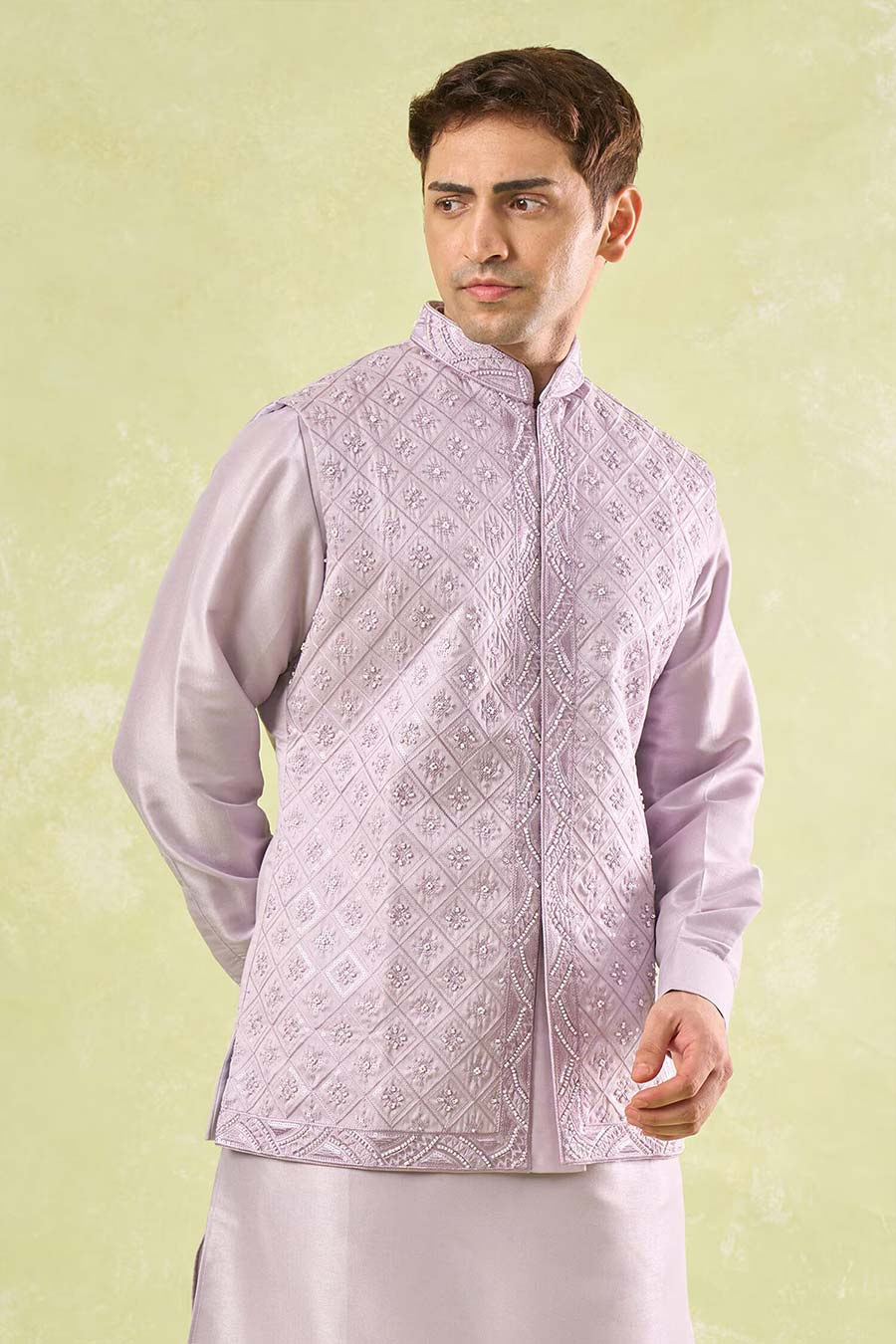 Lavender Embroidered Bundi Kurta Set