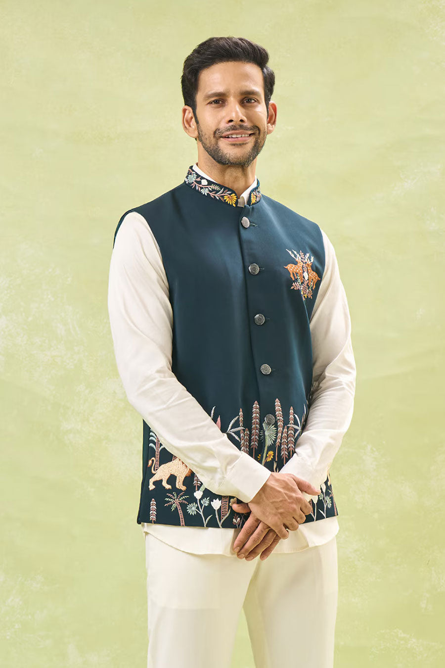 Bottle Green Embroidered Bandi Jacket