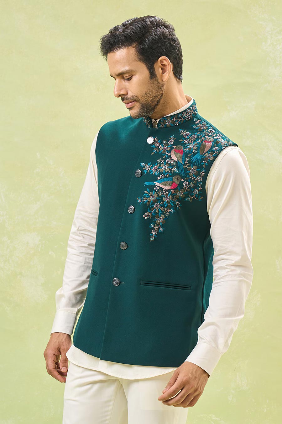 Teal Green Embroidered Bandi Jacket