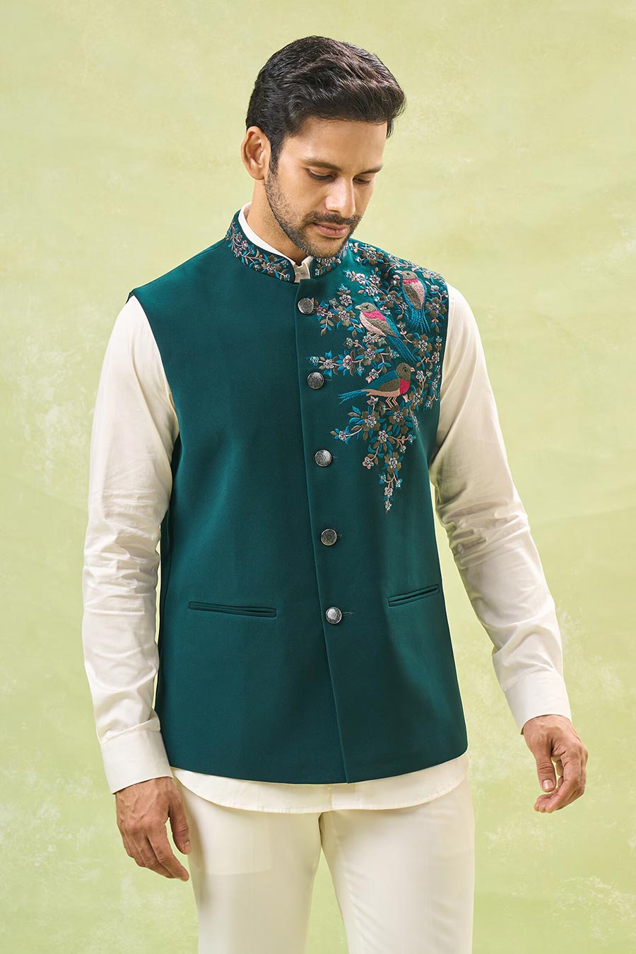 Teal Green Embroidered Bandi Jacket