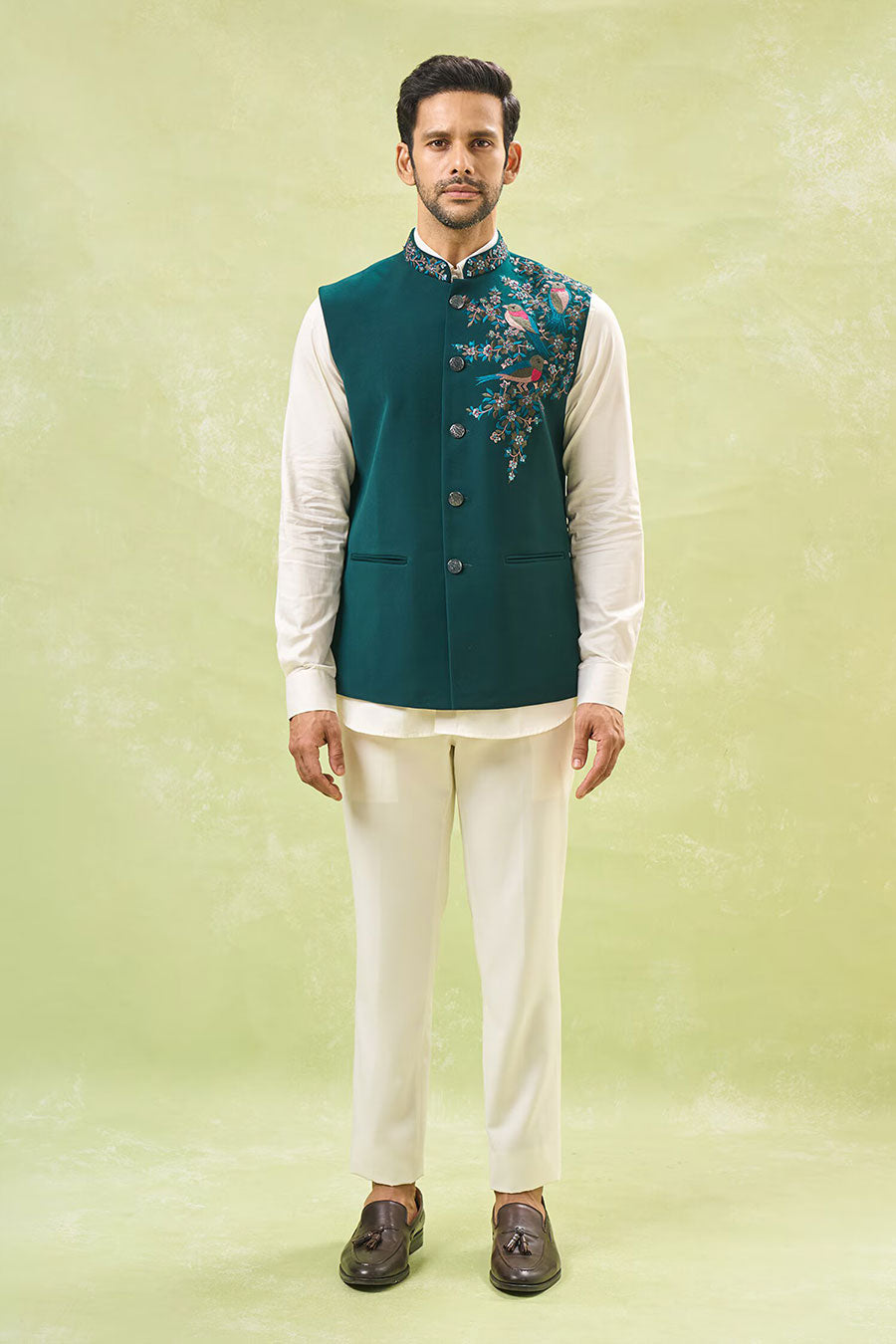 Teal Green Embroidered Bandi Jacket