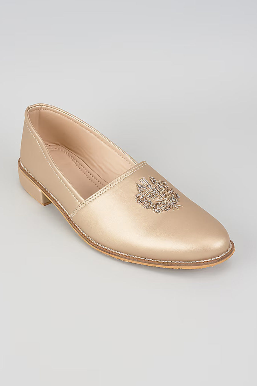 Muted Gold Zari Embroidered Royal Crest Juttis