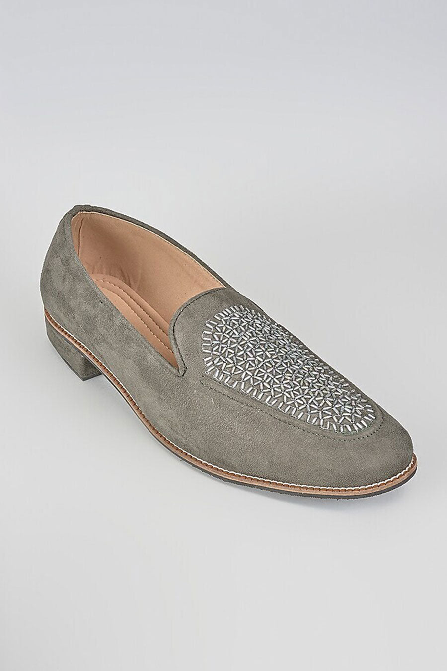 Grey Suede Cutdana Embroidered Lofers