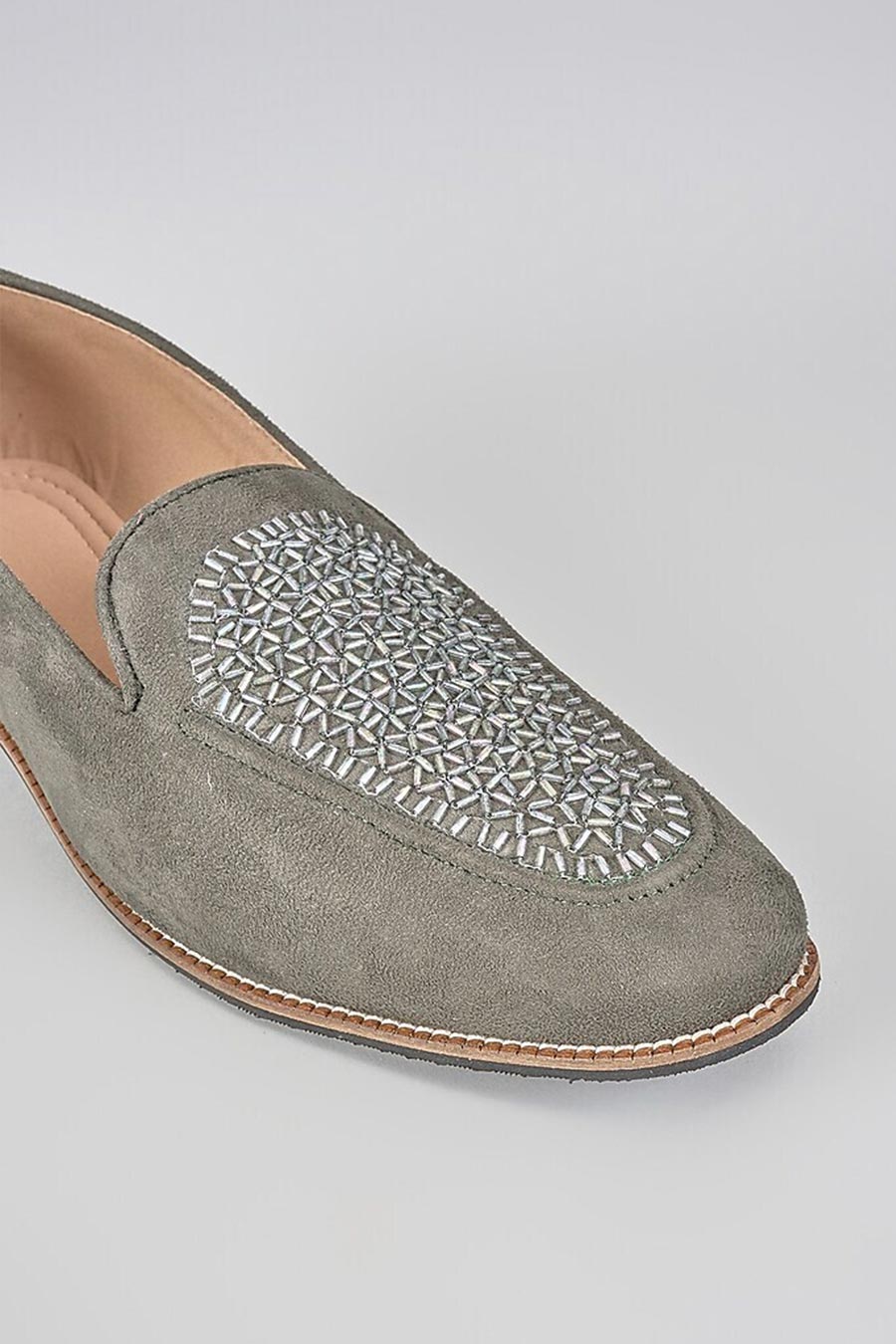 Grey Suede Cutdana Embroidered Lofers