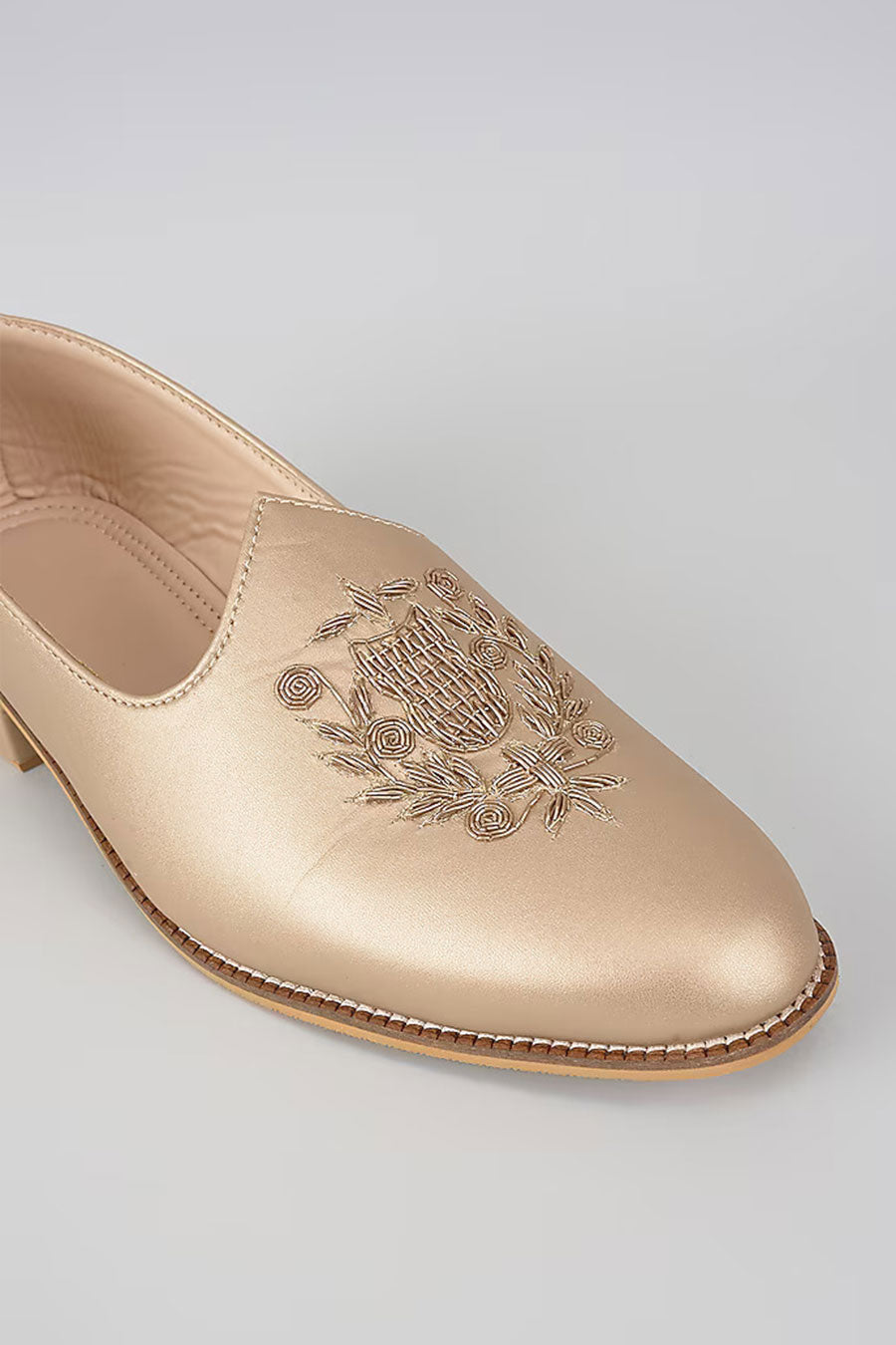 Bronze Gold Zari Embroidered Royal Crest Juttis