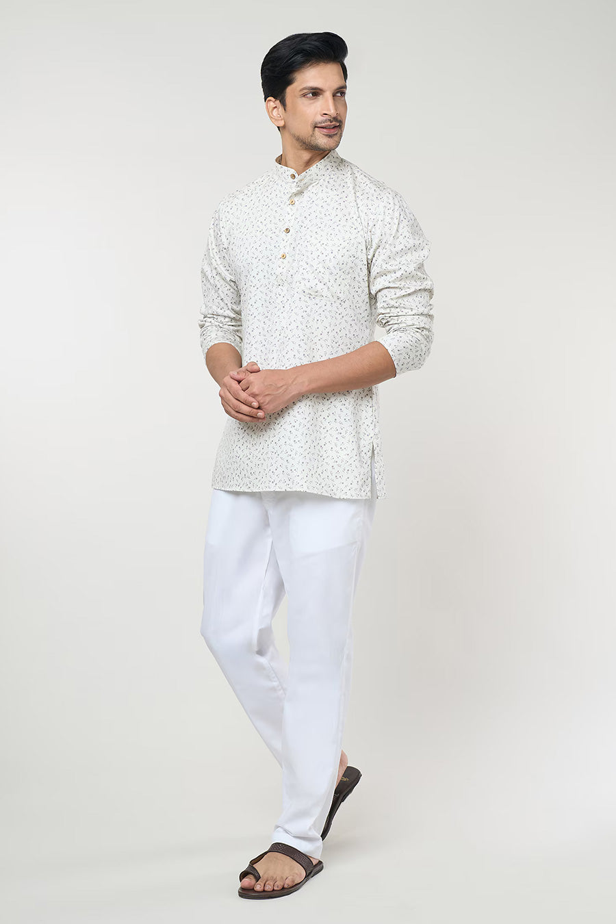 Cream Printed Short Kurta & Pant Co-Ord Set