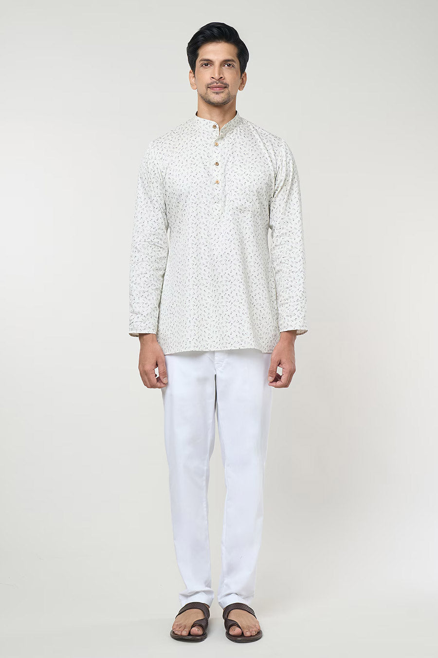 Cream Printed Short Kurta & Pant Co-Ord Set