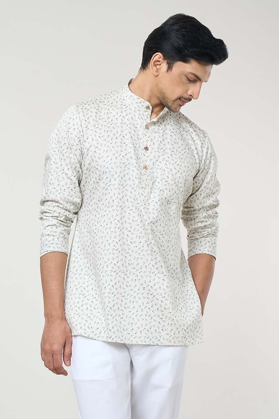 Cream Printed Short Kurta & Pant Co-Ord Set