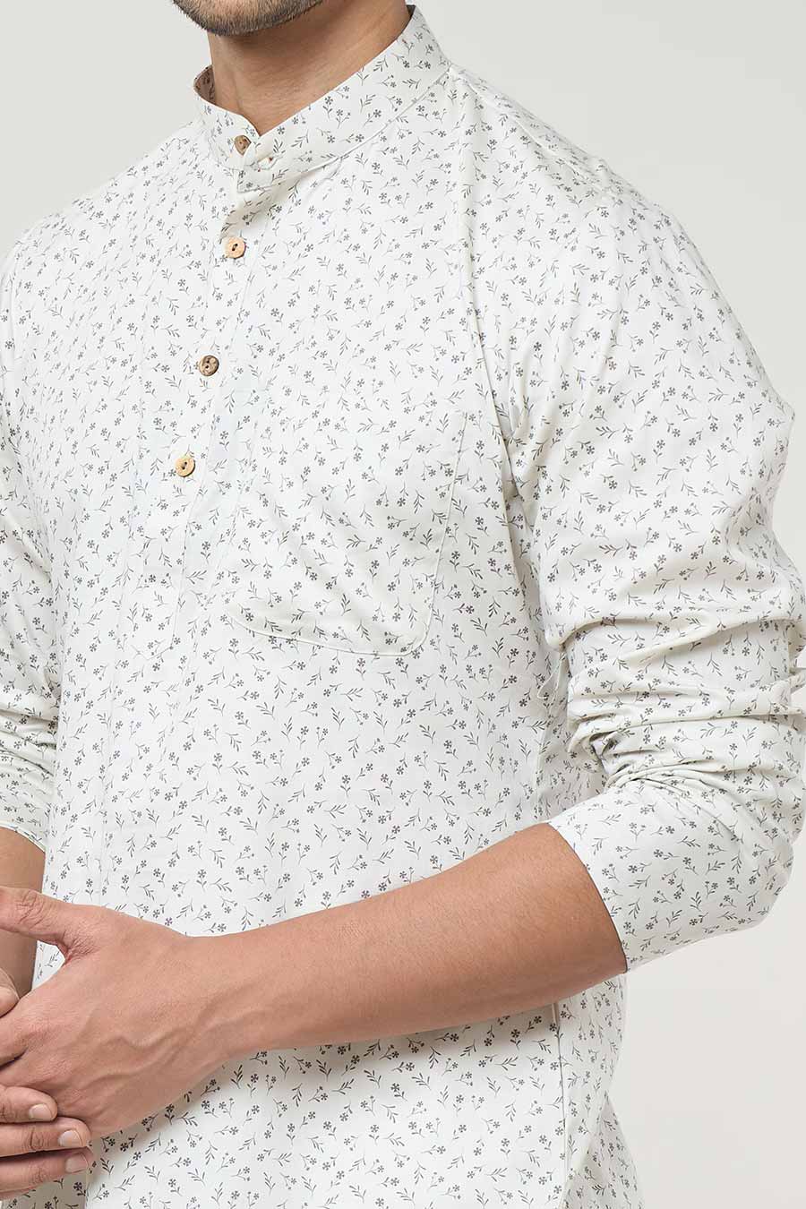 Cream Printed Short Kurta & Pant Co-Ord Set