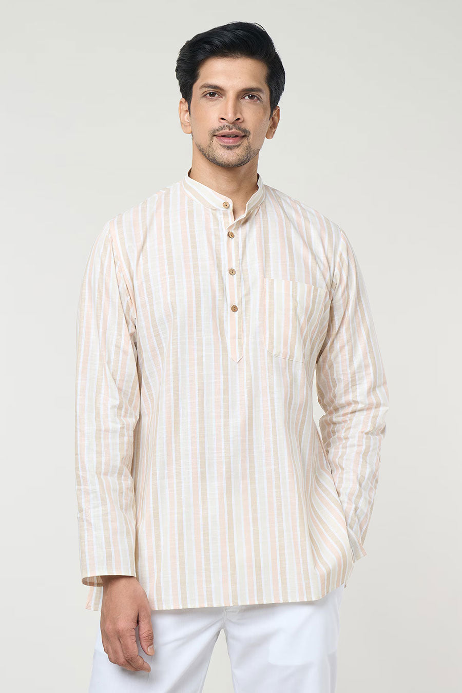 Beige Striped Short Kurta & Pant Co-Ord Set