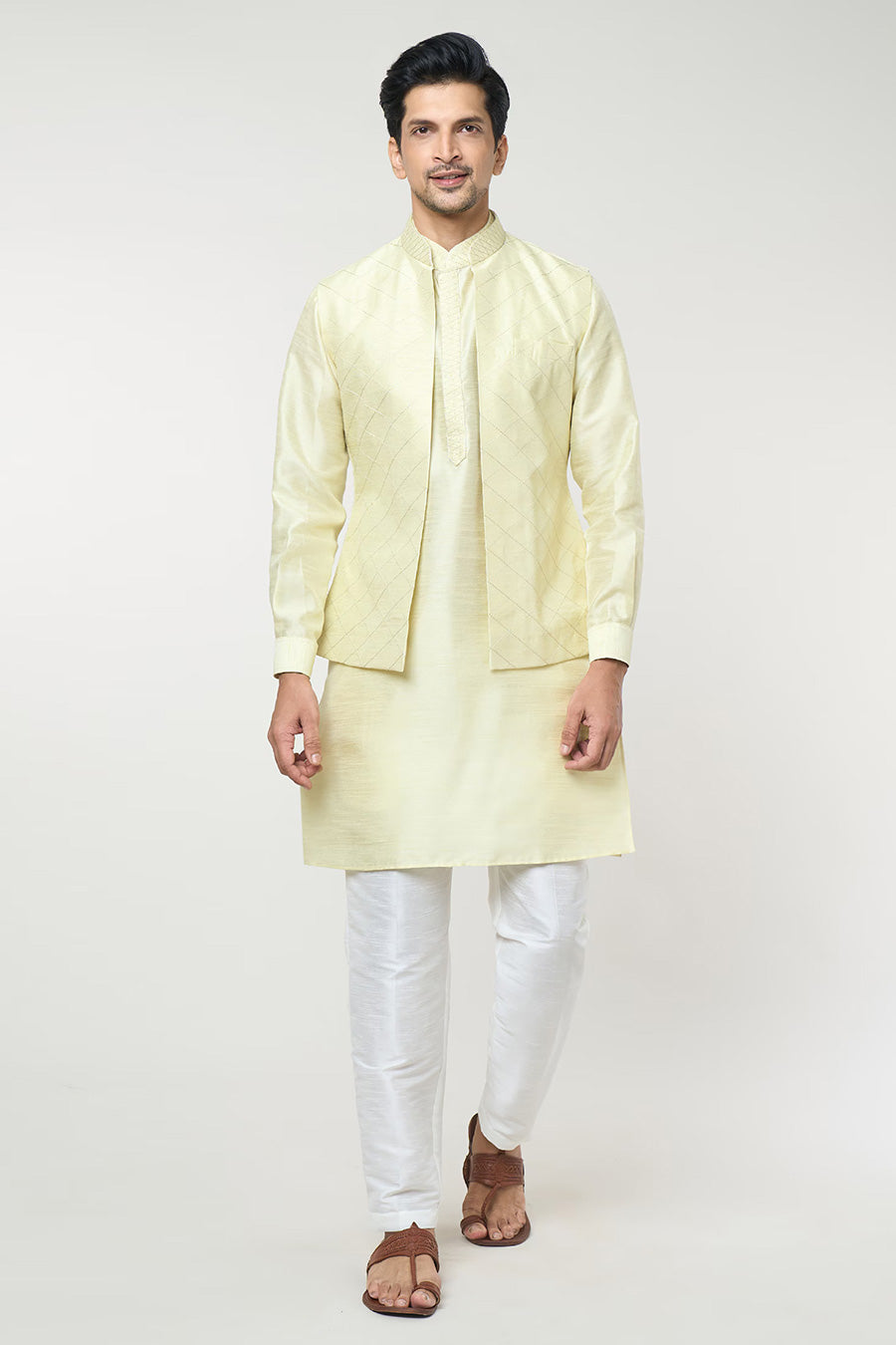 Parrot Green Kurta Set With Pintuck Jacket