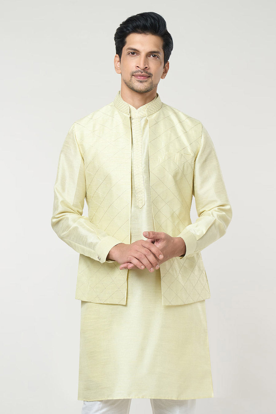 Parrot Green Kurta Set With Pintuck Jacket