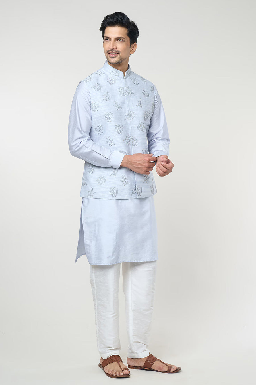 Powder Blue Kurta Set With Embroidered Jacket