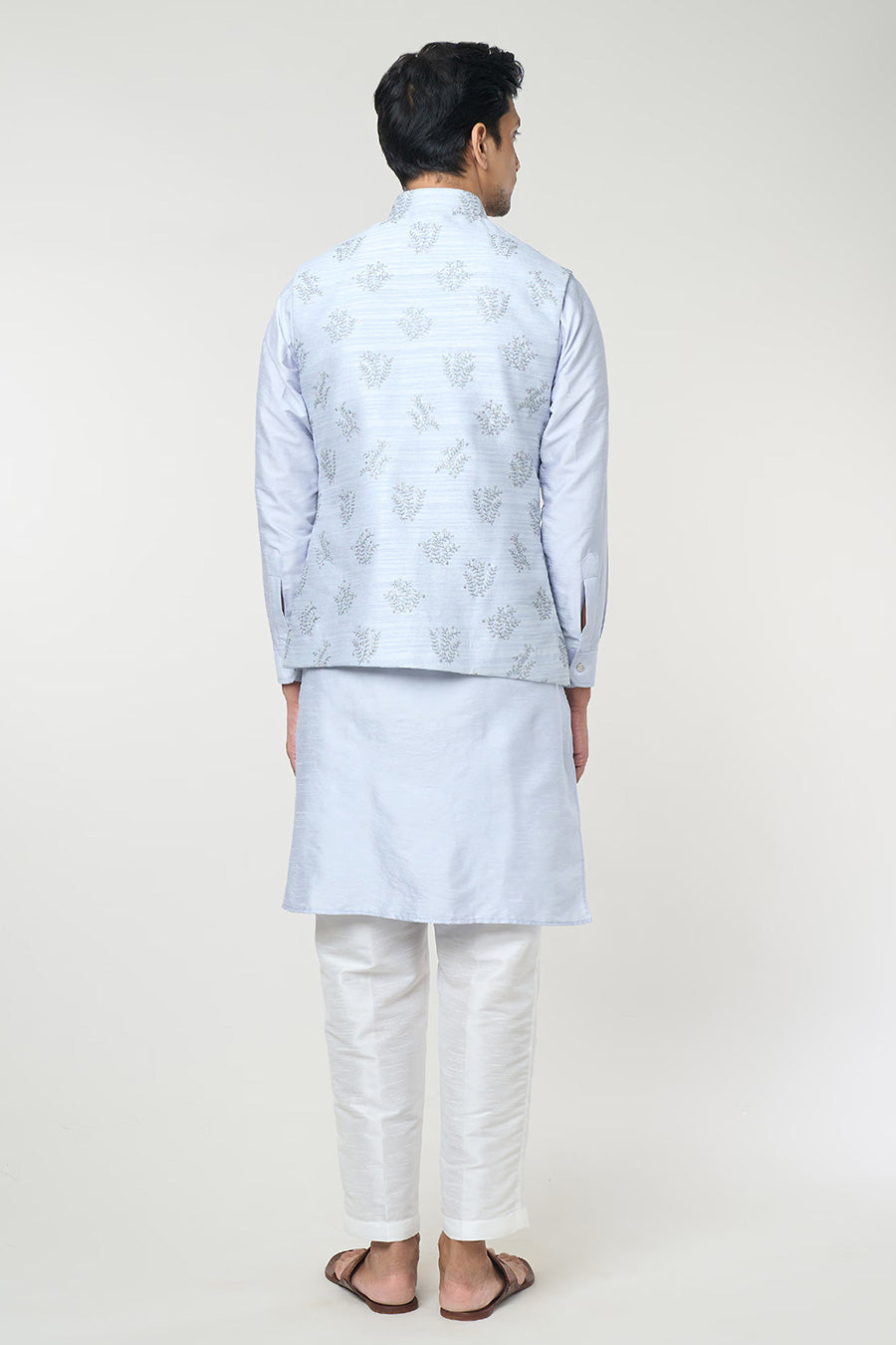 Powder Blue Kurta Set With Embroidered Jacket