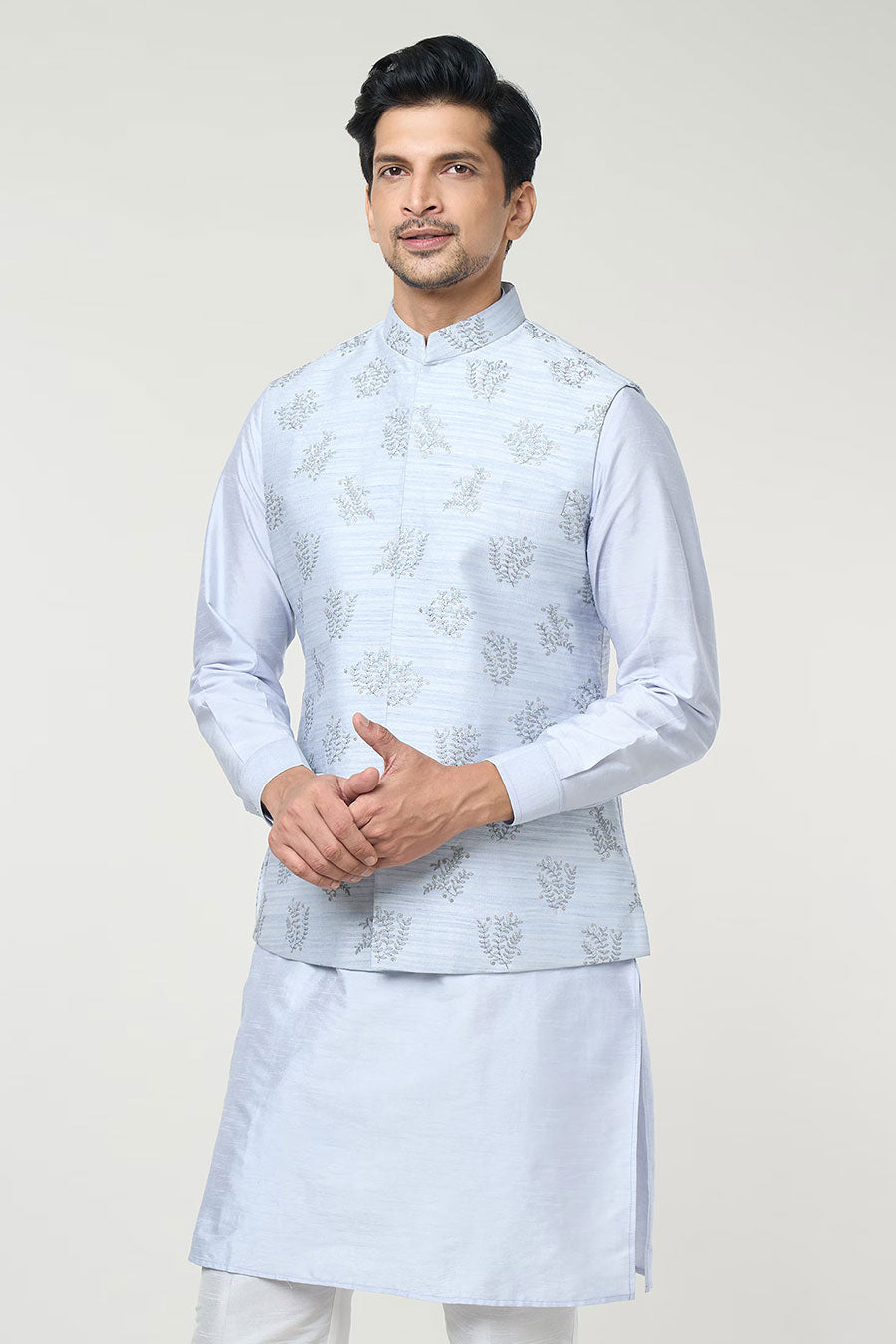 Powder Blue Kurta Set With Embroidered Jacket