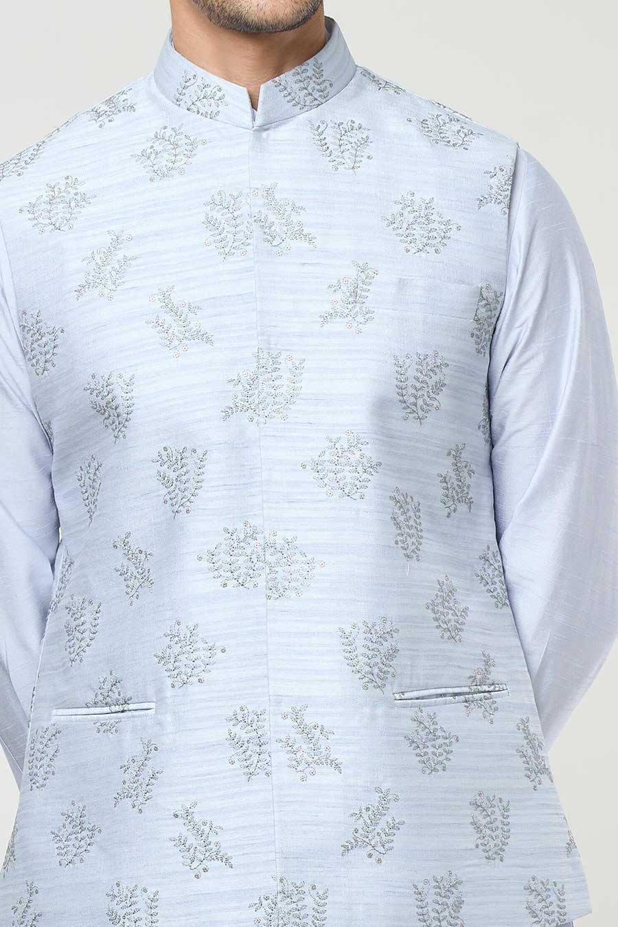 Powder Blue Kurta Set With Embroidered Jacket