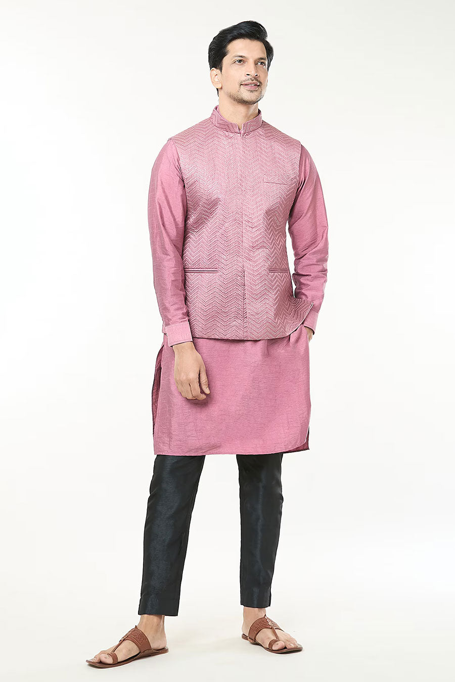 Mauve Pink Kurta Set With Embroidered Jacket