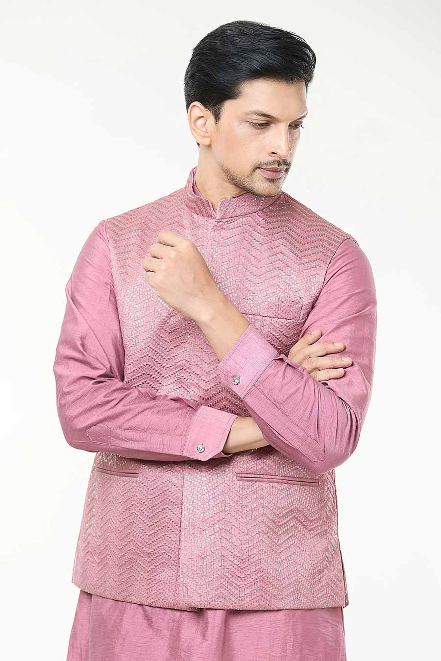 Mauve Pink Kurta Set With Embroidered Jacket