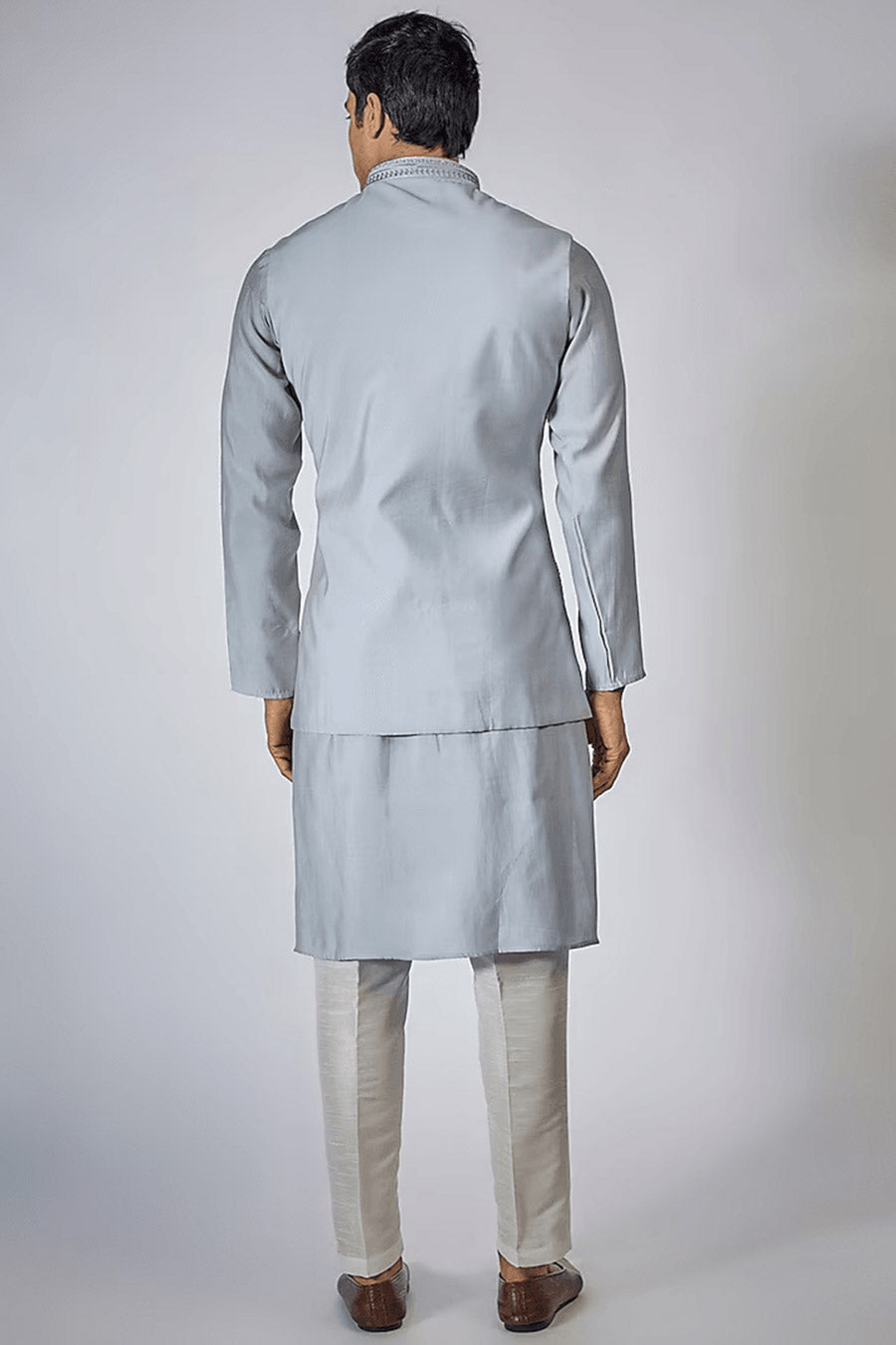 Powder Blue Kurta Set With Embroidered Jacket
