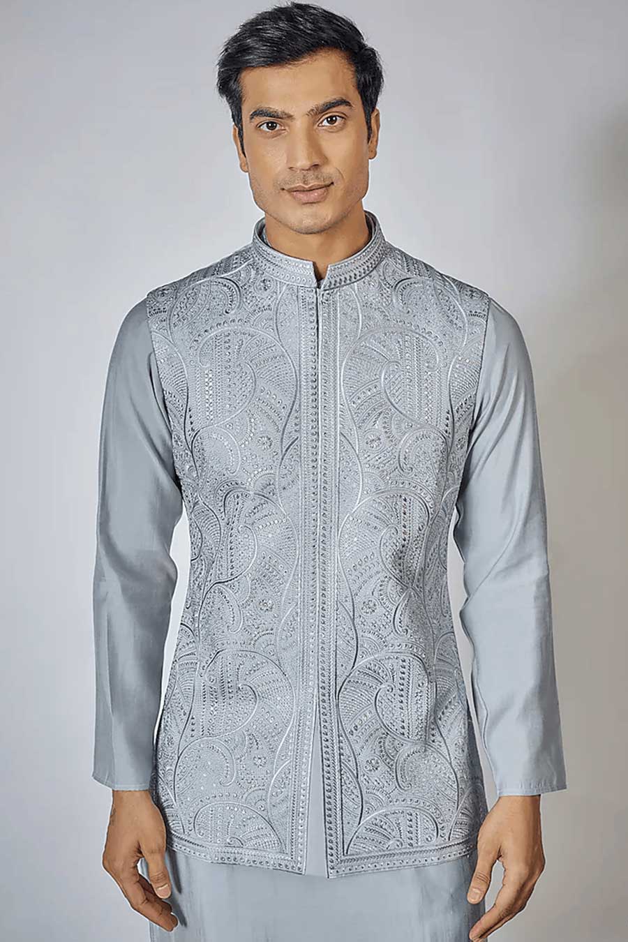 Powder Blue Kurta Set With Embroidered Jacket