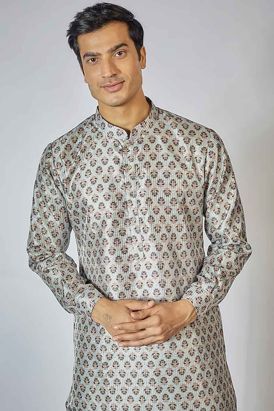 Grey Floral Motif Printed Kurta Set
