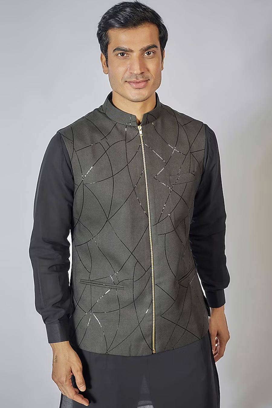 Black Kurta Set With Grey Zipper Embroidered Jacket